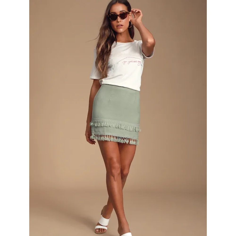 Lulus Fitted Fringe Tassel Detail Mini Skirt Sage Cowgirl Festival Boho SMALL